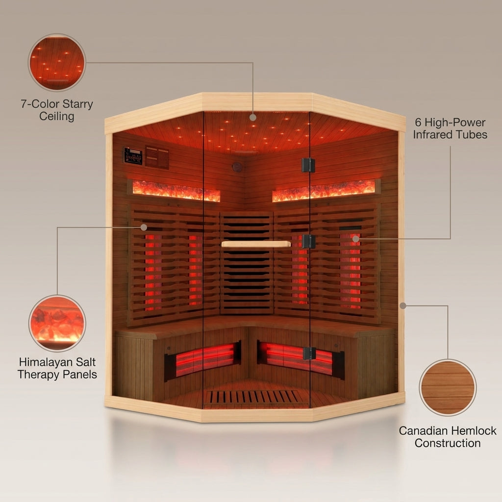 3-4 Person Corner Infrared Sauna- Luxury Home Sauna Spa Room with Himalayan Salt Therapy, Canadian Hemlock&Panoramic Tempered Glass,220V — infographic