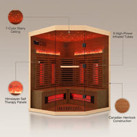 3-4 Person Corner Infrared Sauna- Luxury Home Sauna Spa Room with Himalayan Salt Therapy, Canadian Hemlock&Panoramic Tempered Glass,220V — infographic