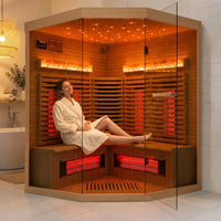 3-4 Person Corner Infrared Sauna- Luxury Home Sauna Spa Room with Himalayan Salt Therapy, Canadian Hemlock&Panoramic Tempered Glass,220V — Lifestyle