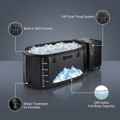 Cold Plunge Tub, 248 Gallon, 1 Horsepower, Heavy-Duty Ice Bath Tub for Athletes with Hot & Cold, Portable Inflatable Plunge Chiller with Water Treatment Kit, Immersion Therapy, Wifi (Black, 1 Set)